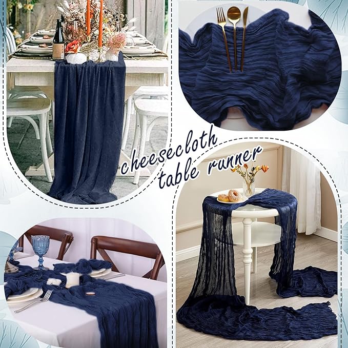 8 Packs Navy Blue Cheesecloth Table Runner 10FT Long Boho Gauze Fabric Table Runner Vintage Rustic Sheer Runners for Wedding Party Bridal Baby Shower Table Decorations