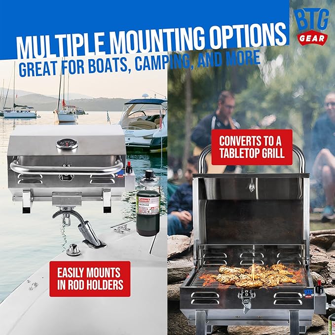 Tailwaves Marine Grill w/Rod Holder Mount | Stainless Steel | Propane BBQ for Boats & Tailgating & Camping | Built in Thermometer | Portable | Fold-away legs