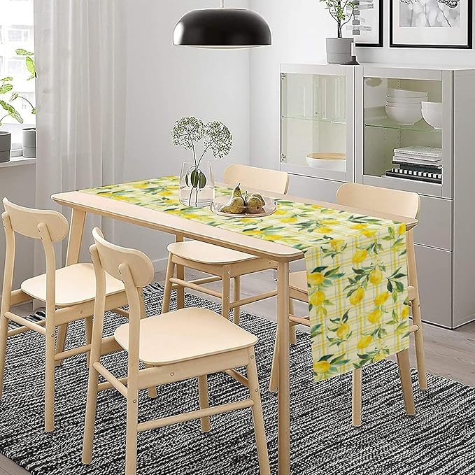 Yellow Plaid Lemon Table Runner Nature Watercolor Plant Countryside Farm Fruit Aesthetic Dining Table Decoration for Home Holiday Party Dresser Kitchen Cabin Restaurant Wedding Decor 13×90in
