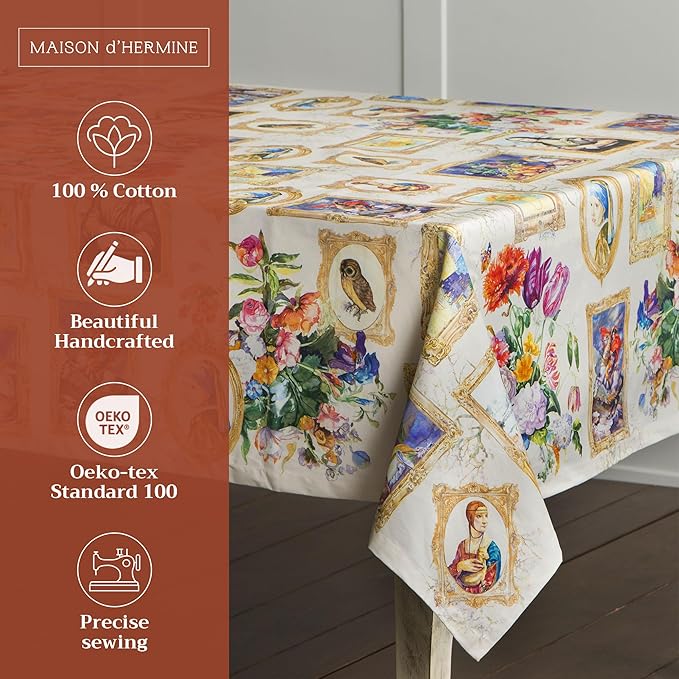Maison d' Hermine Table Cloth Square Table 100% Cotton 60 x 60 Inches Tablecloth Reusable Decorative Everyday Use for Dining Room, Farmhouse, Home, Party, Festive & Wedding Spring Summer - Masterpiece