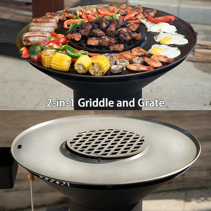 3-in-1 Rocket Stove with Griddle, Grate & Pot Rack, Large Wood BBQ Grill with Wheels, Ash Tool & Cover, Outdoor Stove for Patio Barbecue Cooking Backyard Camping RV Tailgating, GS346