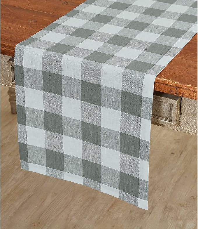 Solino Home Linen Checkered Table Runner 108 Inches Long - 100% Pure Linen Grey and White Buffalo Check Table Runner 14 x 108 Inch Ideal for Dining, Spring, Easter