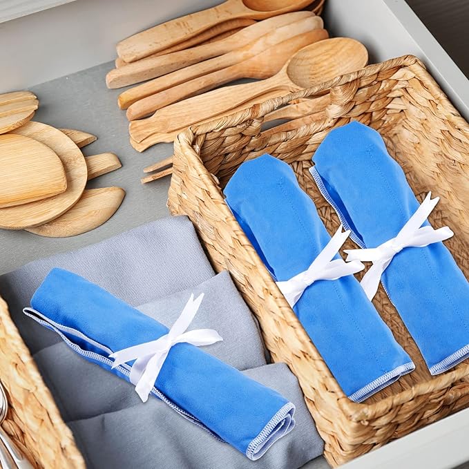 Weewooday Silver Storage Bags Anti Tarnish Silver Protector Bags Blue Holder for Silverware Flatware Storage Organizer Cloth Place Setting Roll with White Ribbon for Teaspoon Utensils(6 Pieces)