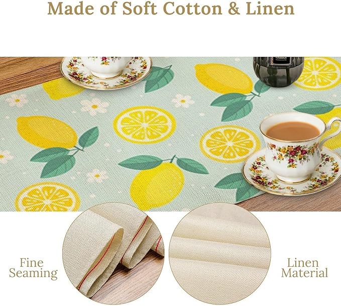 Spring Lemon Table Runner, Summer Seasonal Green Leaves Flowers Yellow Fruit Print Table Runner for Farmhouse Kitchen Dining Table Home Party Decor 13x60in