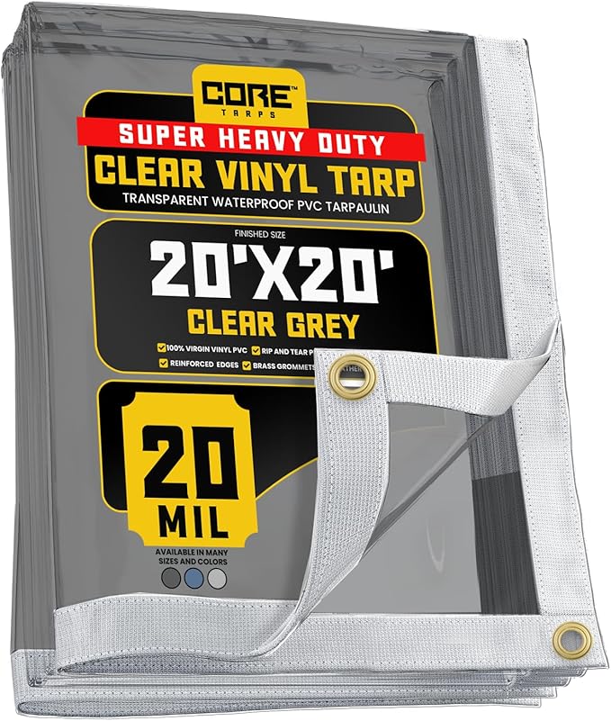 Core Tarps 20 Mil Extreme Heavy Duty Clear Tarp with Gromments - 20x20ft Super Clear Tarps Heavy Duty Waterproof Vinyl Tarpaulin, Transparent Tarp for Outdoor, Camping & Construction, Clear Grey