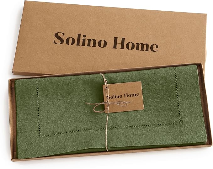 Solino Home Linen Olive Table Runner 120 Inches Long - 100% Pure Linen Hemstitch 14 x 120 Inch Table Runner for Dining, St Patricks Day - Classic Hemstitch