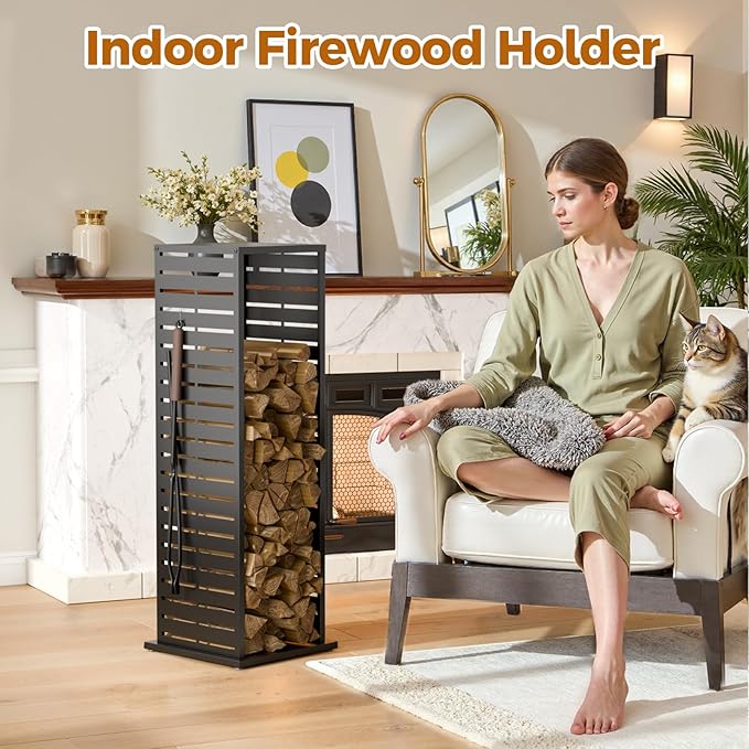 4ft Firewood Rack Outdoor, Fire Wood Holder Log Storage Rack with Parallel Louver Pattern Hooks Adjustable Feet, Firewood Stacker for Indoor Patio Balcony Black