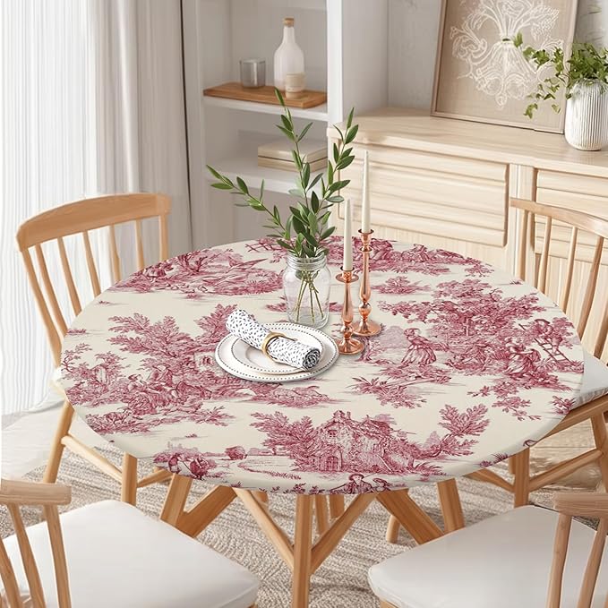 French Country Round Fitted Tablecloth with Elastic Vintage Red Circle Table Cloth for 40-44" Round Tables Wipeable Waterproof Rustic Burgundy Pink Village Table Cover for Dining Patio Picnic Decor