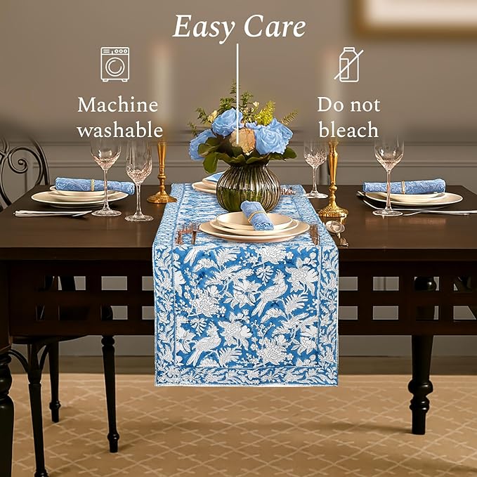 CPC Cotton Table Runner 16x90 Inch Block Printed Long Fall Table Runner for Dining Table, Card Table, Coffee Table, Wedding, Farmhouse & Outdoor Barbeque-Blue Sapphire