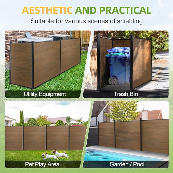 Mondaria Fence Privacy Screen with 8ft In-ground Posts, 6ft(H) x48t(W) Wood Plastic Composite Fence Panels Weather-Resistant Outdoor Fence for Backyard/Garden (Brown, 9 Posts)