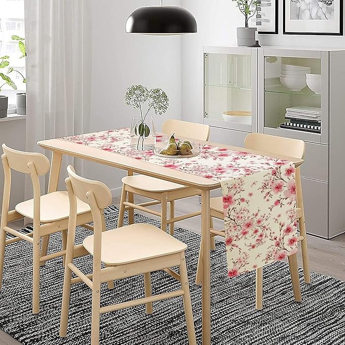 Cherry Flower Table Runner, Seasonal Spring Cherry Blossoms Branches Watercolor Floral Print Table Cover for Kitchen Dining Table Indoor Outdoor Party Decor, 13x60inch