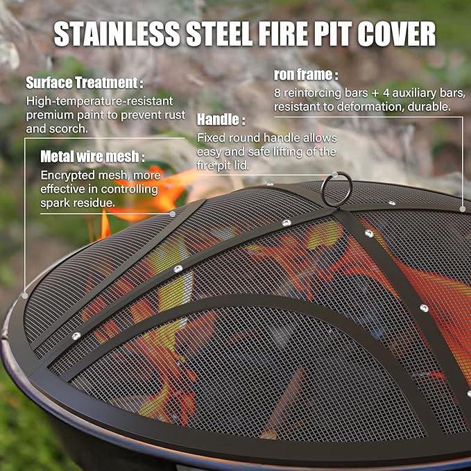 Fire Pit Spark Screen, Upgraded 30 Inch Outdoor Fire Pit Screen with Handle & Poker, Heavy-Duty Steel Fire Pit Cover Round Mesh Replacement Firepit Screen for Backyard/Beach/RV Camping
