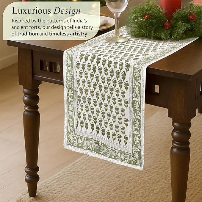 CPC Cotton Table Runner 16x72 Inch Block Printed Long Fall Table Runner for Dining Table, Card Table, Coffee Table, Wedding, Farmhouse & Outdoor Barbeque-Emerald Green