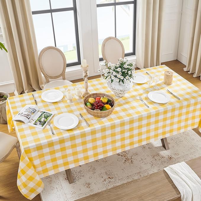 Softalker Gingham Checkered Tablecloth Rectangle - Outdoor Waterproof Buffalo Plaid Table Cloth, Stain Resistant Washable Table Cover for Picnic, Camping, Dining - Yellow and White, 54 x 108 Inch