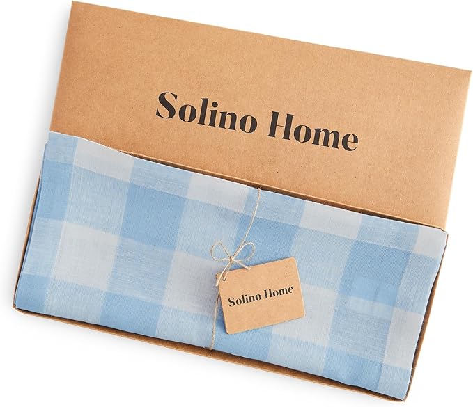 Solino Home Linen Checkered Table Runner 120 Inches Long - 100% Pure Linen Blue Bell Buffalo Check Table Runner 14 x 120 Inch Ideal for Dining, Spring, Easter, Winter