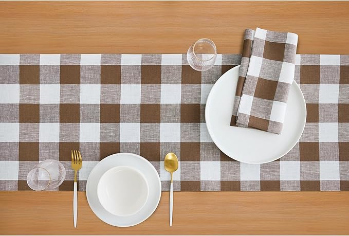 Solino Home Checkered Table Runners 72 Inches Long - 100% Pure Linen Coco Brown and White Buffalo Check Table Runner 14 x 72 Inch Ideal for Dresser, Dining
