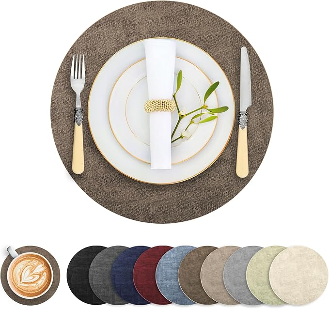 Round Faux Leather Placemats and Coasters, Set of 4, Reversible Heat Resistant Non-Slip Table Mats, Waterproof Wipeable Place Mats for Dining Table, Washable for Indoor & Outdoor (4, Dark Brown)