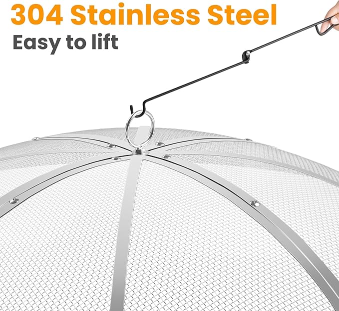Fire Pit Spark Screen 30 Inch Round, Heavy Duty Stainless Steel Outdoor Fire Pit Screen Cover with Foldable Hook & Marshmallow Sticks, Mesh Spark Protector for Backyard, Camping, Beach