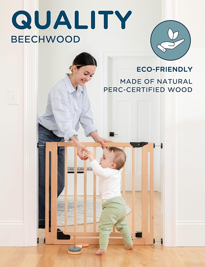 SizeWise™ Wood Pressure Mounted Safety Gate 34.25"-38.18" | Extra-Wide Passage | Auto-Close Two-Way Opening for Doorways and Hallways | Easy Installation | PEFC Certified Beech Wood (28.7" Passage)