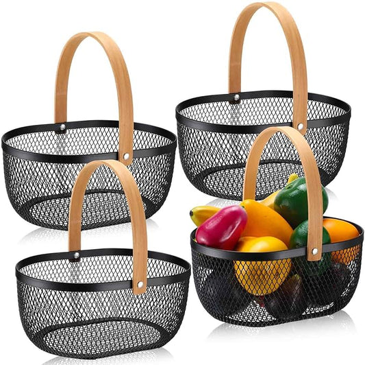 Maxcheck 4 Pcs Oval Metal Wire Storage Basket with Handle for Gathering Vegetables Multi Functional Mesh Basket for Kitchen Bathroom Picnic Home, 10.24 x 7.68 Inch(Black)