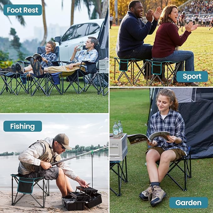 FUNDANGO Oversized Camping Stool for Adults, Thick Padded 18.1 Inch Folding Ottoman Foot Rest, 440 Lbs Heavy Duty Outdoor Camp Chairs with Anti-Slip Foots & Carry Bag for Fishing Lawn Travel (Black)
