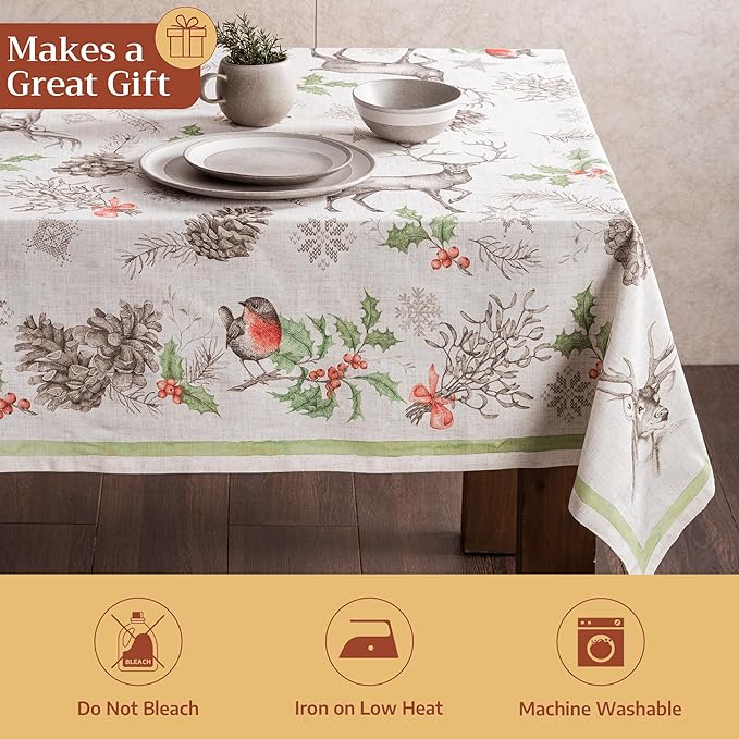 Maison d' Hermine Table Cloth Rectangle Table 100% Cotton 60 x 108 Inches Fall Tablecloth Reusable Everyday Use for Thanksgiving Christmas Decorations Dining Farmhouse Party (Christmas Dew)