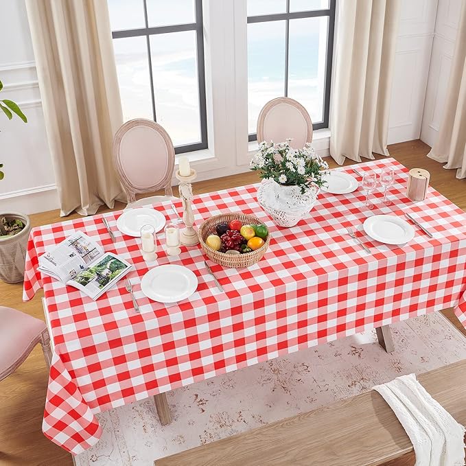 Softalker Gingham Checkered Tablecloth Rectangle - Outdoor Waterproof Buffalo Plaid Table Cloth, Stain Resistant Washable Table Cover for Picnic, Camping, Dining - Red and White, 60 x 120 Inch