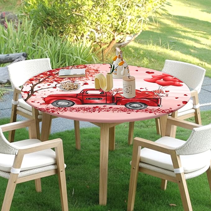 Valentines Day Round Fitted Tablecloth with Elastic Pink Red Heart Circle Table Cloth for 48-52" Round Tables Wipeable Waterproof Washable Gnome Truck Valentine Table Cover for Dining Picnic Party