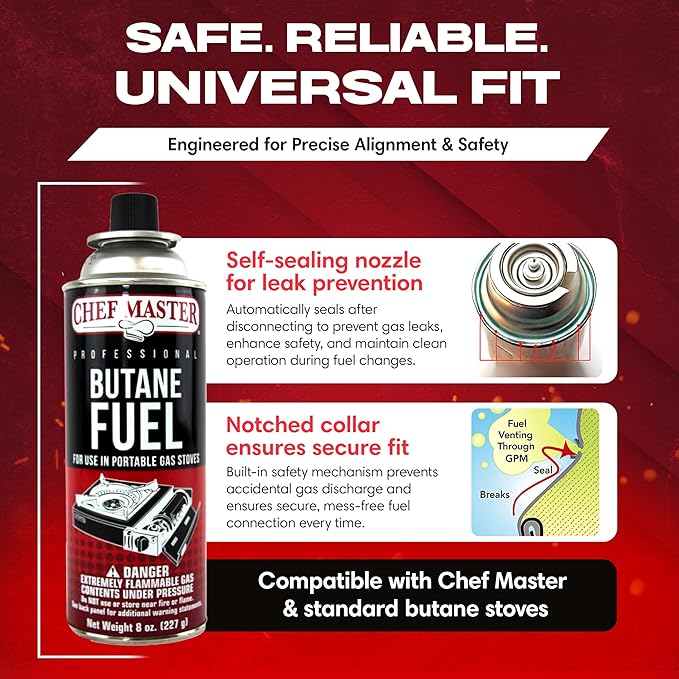 Chef Master 72x 8oz Butane Fuel Canister - Butane Torch Refill & Camp Stove Fuel - Gas Canister for Picnics, Outdoor Cooking, Grilling - Camp Stove, Torch Fuel Camping Essentials - 90340