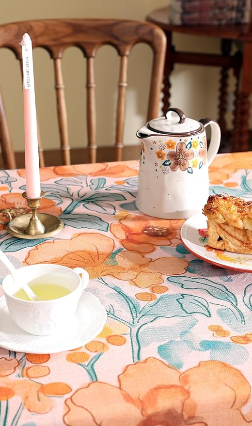 Vintage Linen Rectangle Tablecloth,Italian Orange Floral Pattern Soft and Wrinkle Resistan Table Cloth,Decor Table Cover for Kitchen,Dining,Thanksgiving,Christmas,55"*87"-Positano