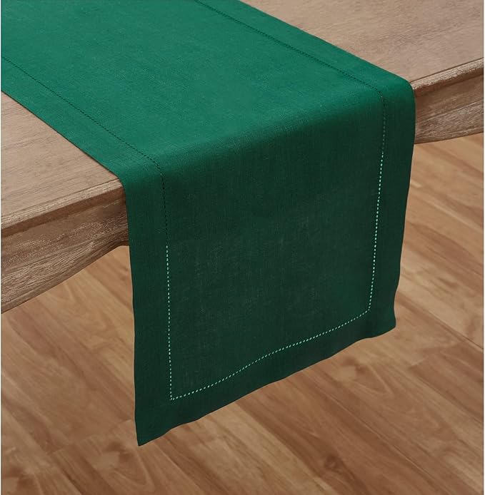 Solino Home Linen Rainforest Green Table Runner 90 Inches Long - 100% Pure Linen Hemstitch 14 x 90 Inch Table Runner for Dining, St Patricks Day - Classic Hemstitch