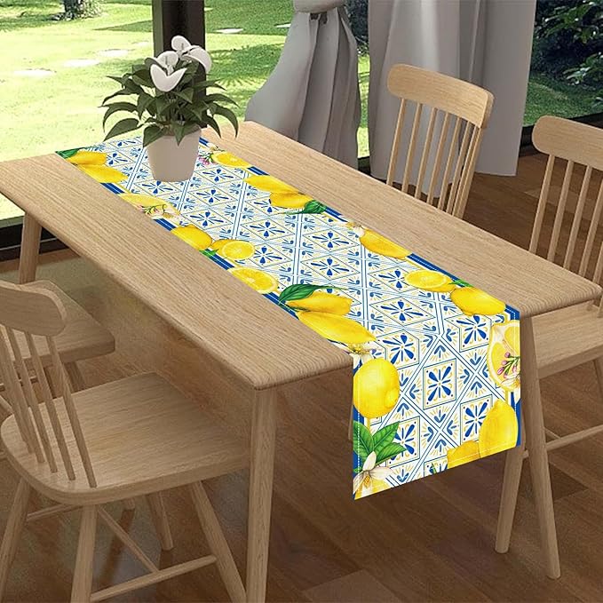 Lemon Table Runner, Blue Tile Yellow Vintage Moroccan Summer Seasonal Fresh Fruits Coffee Cafe Vintage Table Center Decor for Home Kitchen Dining Party Patio Indoor Outdoor, 13"x72" Inch