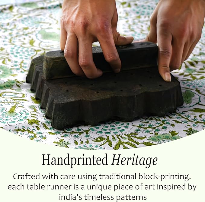 CPC Cotton Table Runner 16x72 Inch Block Printed Long Fall Table Runner for Dining Table, Card Table, Coffee Table, Wedding, Farmhouse & Outdoor Barbeque-Agate Green