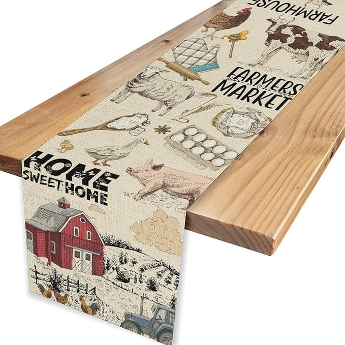 Farmhouse Rooster Table Runner, Rustic Cow Chicken Pig House Animals Coffee Table Center Decor for Family Kitchen Dining Room and Living Room Outdoor Country Holiday Party Table Decorations, 13"x72"