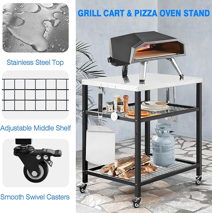 Stainless Steel Grill Cart with Cover Pizza Oven Stand with Water-proof Cover Trolley Table with Wheels Three-Shelf Movable Food Prep and Work Table Heavy Duty Grill Cart Outdoor 31.5"×24"×35.5"