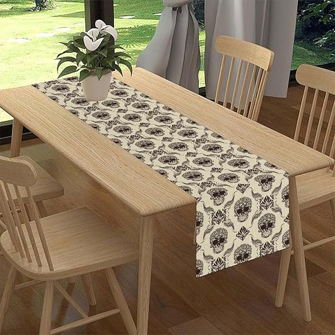 Gothic Table Runner, Retro Antique Damask Skull Pattern Classic Halloween Boho Black Coffee Vintage Table Center Decor for Kitchen and Dining Outdoor Home Country Party Table Decorations, 13"x108"
