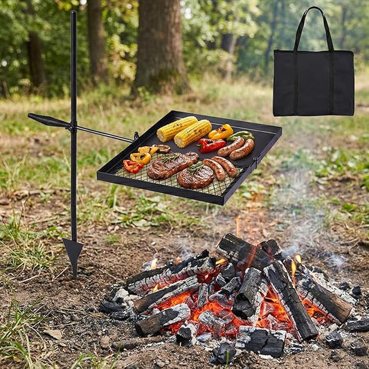 Folding Swivel Campfire Grill, Portable 2-in-1 Cooking Grate & Grill Pan with Carrying Bag, Adjustable Height 360° Rotation Over Fire Pit Rack for Outdoor Camping, BBQ, Picnic and Backyard Cooking