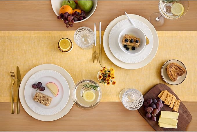 Solino Home Linen Table Runner 108 Inches Long - Athena, 100% Pure Linen Chambray Mustard Yellow Table Runner 14 x 108 Inch for Dining, Spring, Easter