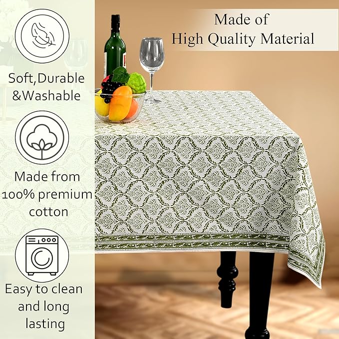 CPC Fern Regal Tablecloth 100% Cotton 72x160 Inch Indian Block Print Rectangle Table Cover, Table Cloth for Gifting in Weddings, Halloween, Fall, Christmas, Thanksgiving
