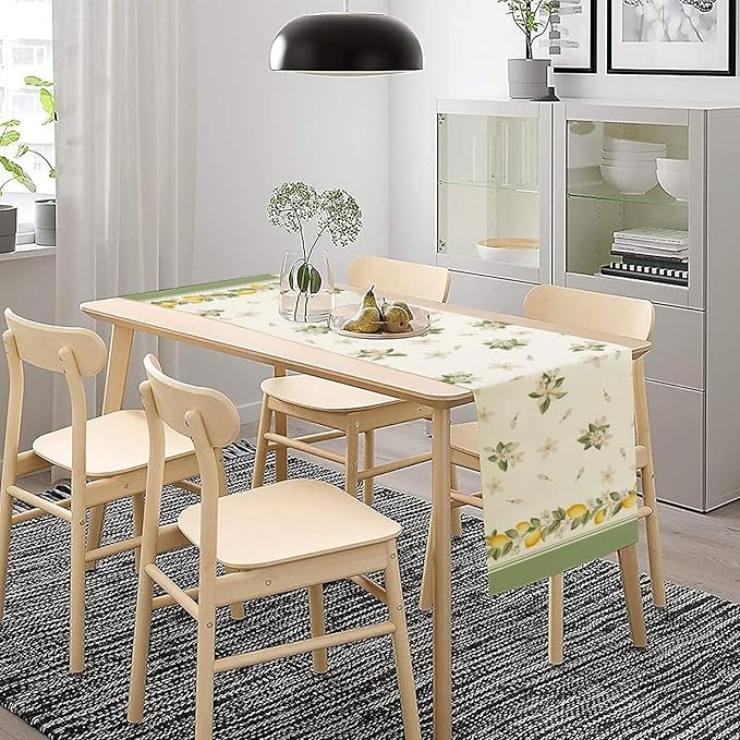 Lemon Spring Table Runner, Farmhouse Rustic Summer Flower Leaves Table Cover for Home Kitchen Dining Room Table, 13x90inch