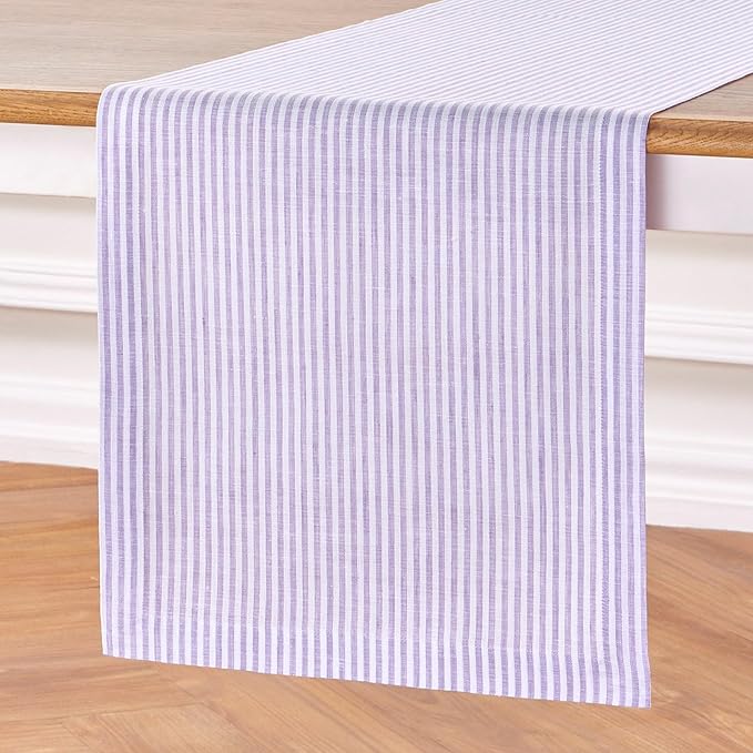 Solino Home Linen Striped Table Runner 132 Inches Long - Narrow Stripe 100% Pure Linen Lavender and White Dining Table Runner 14 x 132 Inch for Valentines, Spring, Easter
