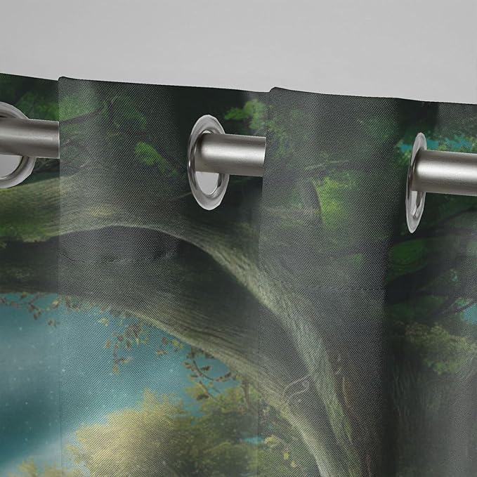 Forest Theme Waterproof Outdoor Curtains for Patio,Trees Moon Lake Pattern,Privacy Weatherproof Grommet Outside Curtains for Porch, Pergola, Cabana,2 Panels,W36 x L84,Green