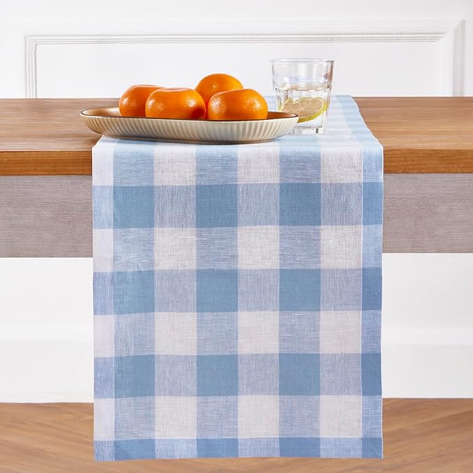 Solino Home Linen Checkered Table Runner 132 Inches Long - 100% Pure Linen Buffalo Check Chambray Blue and White Table Runner 14 x 132 Inch Ideal for Dining, Winter, Spring, Easter