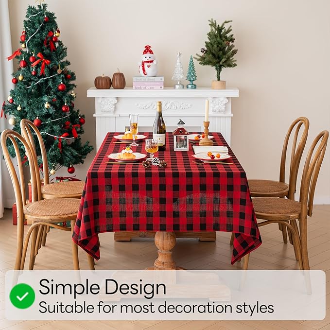 Gingham Christmas Tablecloth Heavy Duty Cotton Blend Red 60x102 inch Plaid Christmas Table Cloth Reusable Waterproof Foldable Tablecloths Xmas Table Cover for New Year Party Decor