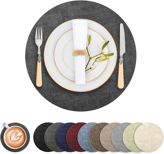 Round Faux Leather Placemats and Coasters, Set of 6, Reversible Heat Resistant Non-Slip Table Mats, Waterproof Wipeable Place Mats for Dining Table, Washable for Indoor & Outdoor (6, Dark Grey)