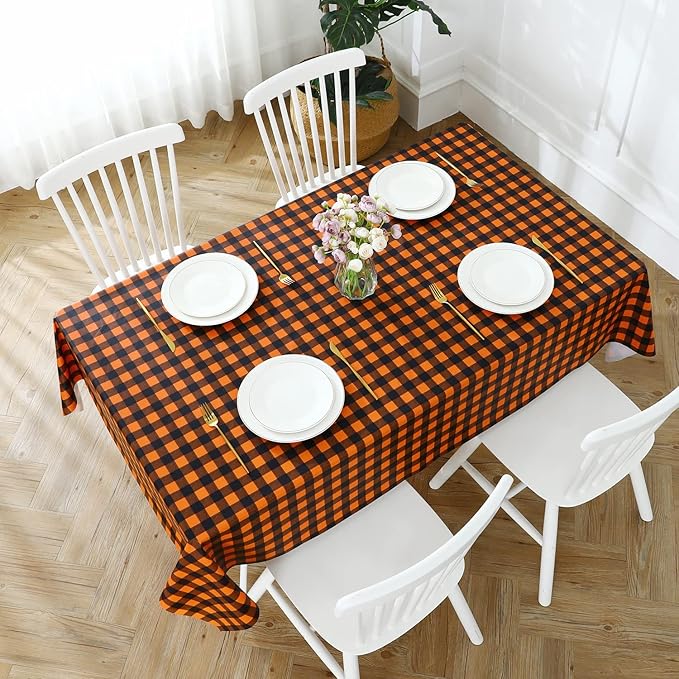 Romanstile Rectangle Vinyl Tablecloth, 100% Waterproof Buffalo Gingham Plastic Table Cloth, Heavy Duty Wipeable Checkered Table Covers for Outdoor, Camping, Picnic, Patio - 52 x 70, Black and Orange