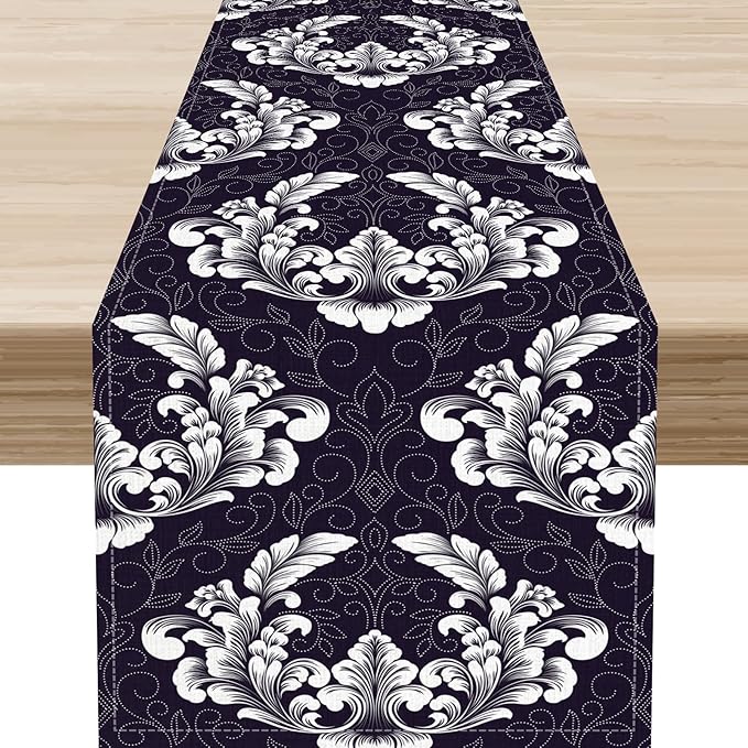 Gothic Table Runner, Antique Retro Damask Floral Bohemian Boho Purple Rustic Vintage Coffee Table Center Decor for Kitchen and Dining Outdoor Home Country Party Table Decorations, 13"x36"