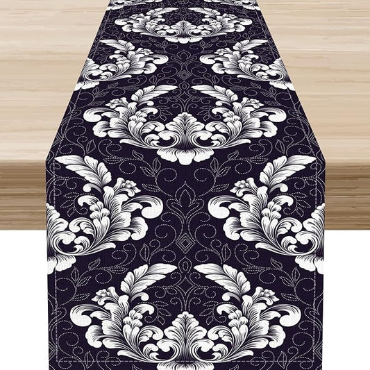 Gothic Table Runner, Antique Retro Damask Floral Bohemian Boho Purple Rustic Vintage Coffee Table Center Decor for Kitchen and Dining Outdoor Home Country Party Table Decorations, 13"x90"