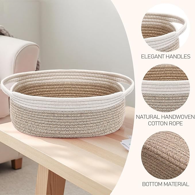 Woven Basket,Small Rope Storage Bin with Handles & Ribbon Bag, Organizer for Shelves Closets,Gift Basket Empty for Birthday,Books,Dog Toys, White&Oatmeal