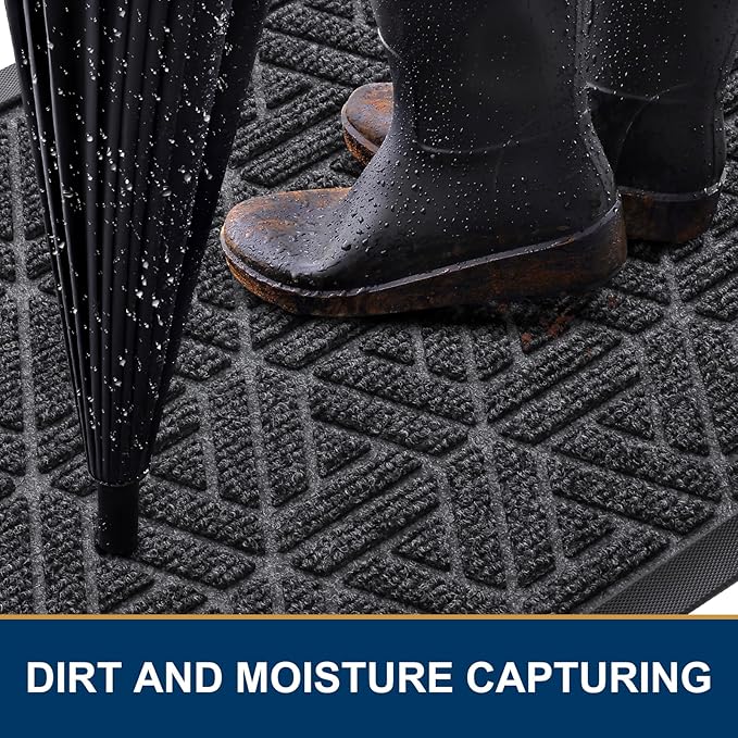 Smiry Front Door Mat Outside Entrance, Heavy Duty Sturdy Natural Rubber Doormat, Trap Dirt and Moisture, Easy Clean Low Profile Mats for Indoor Outdoor Entry, Grid Geometric (71x47, Grey)